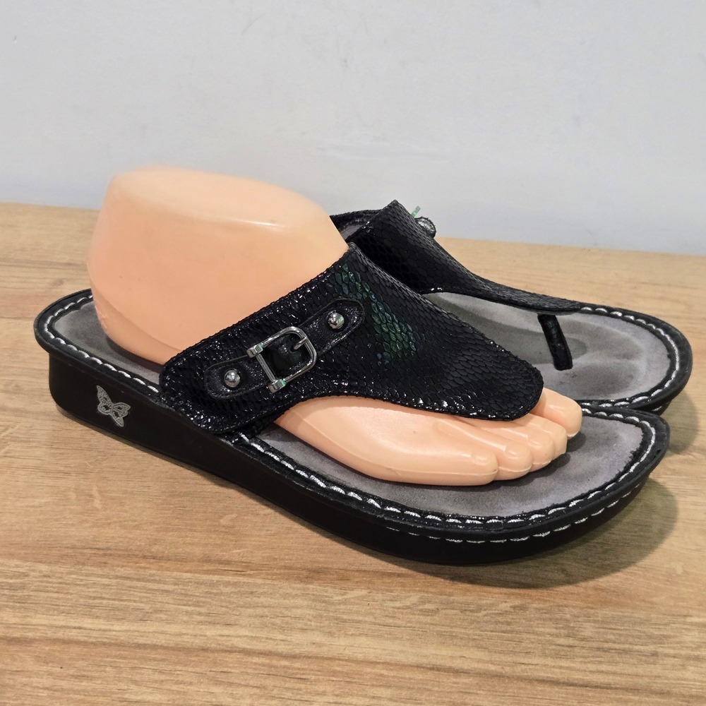 Alegria Carina Sandals Womens 41 10.5 Black Snakeskin Leather Thong Buckle Slide